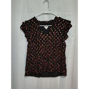 J.Crew Ruffleneck Flutter-Sleeve Top Red Black Size Medium Keyhole Neckline